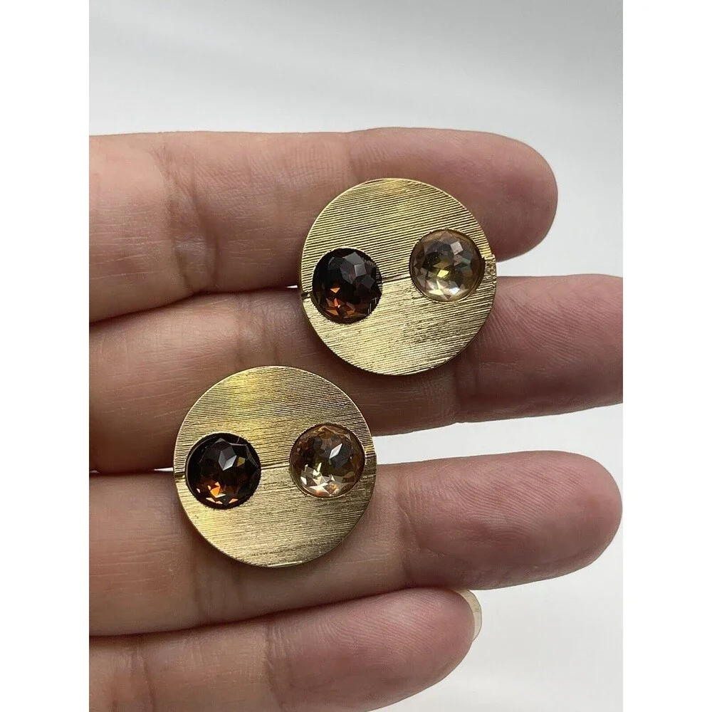 Vintage Gold Tone Textured Round Brown & Tan Crystal Encrusted Cuff Links New